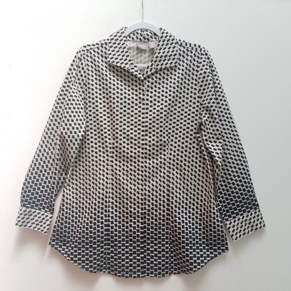 Chico's 1 / M NWOT Tunic Shirt Stretch Geometric Button Up Long Sleeve Tan Black - Picture 6 of 12